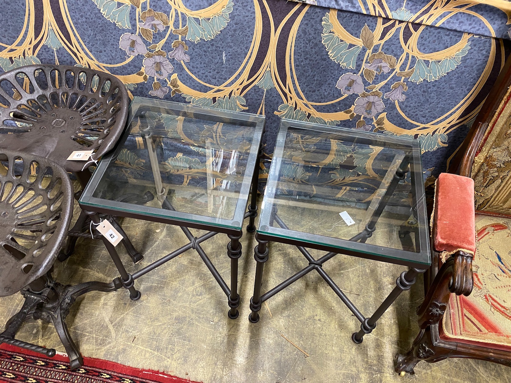 A pair of contemporary Oka square glass top occasional tables, 40cm, height 61cm